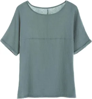 Soojun Women's Cotton Linen Round Collar Boxy Top Patchwork Blouses