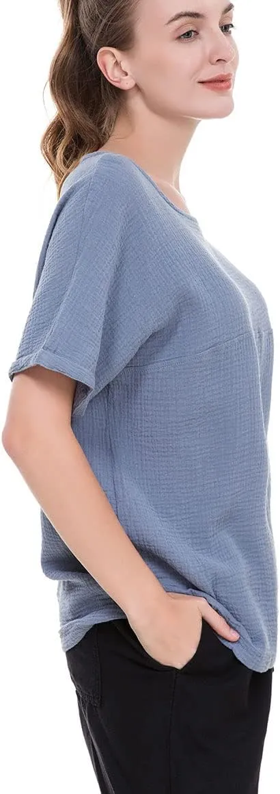 Soojun Women's Cotton Linen Round Collar Boxy Top Patchwork Blouses