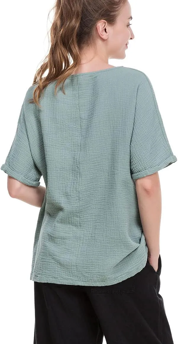 Soojun Women's Cotton Linen Round Collar Boxy Top Patchwork Blouses