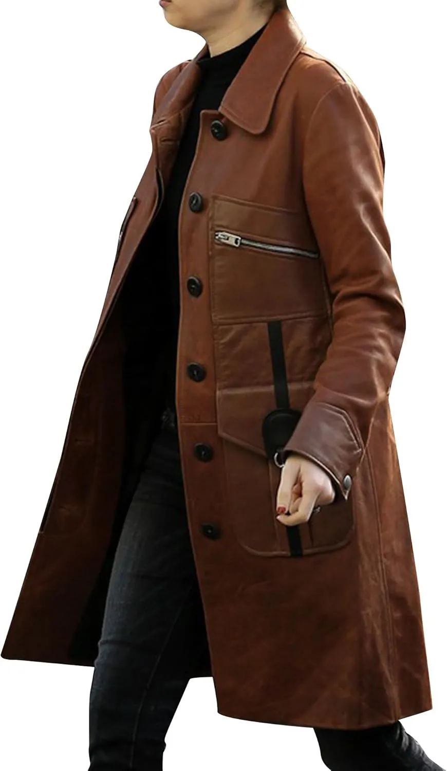 SpazeUp Women Classic Brown Leather Trench Coat - Classic Mid-Length Designer Real Leather Long Jacket Women