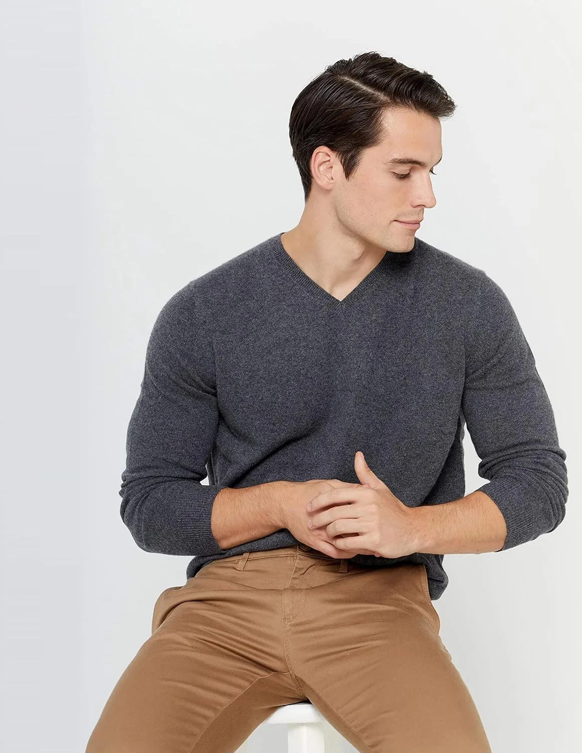State Cashmere Men's Essential V-Neck Sweater 100% Pure Cashmere Classic Long Sleeve Pullover