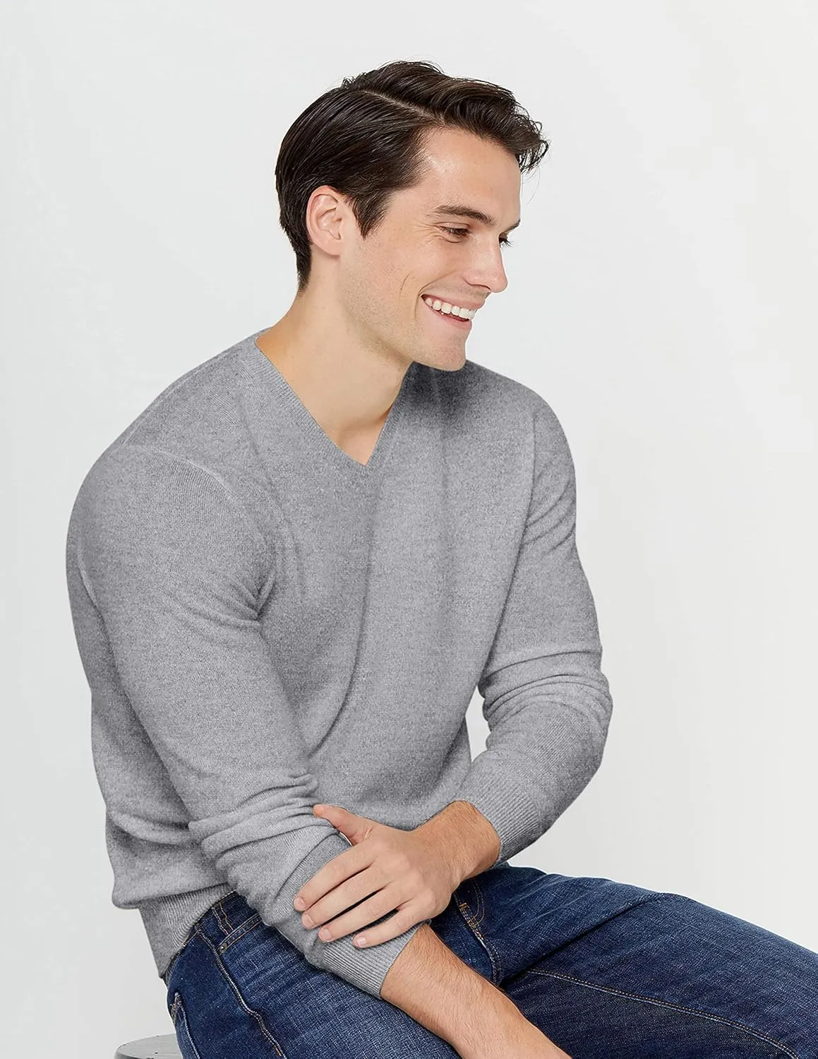 State Cashmere Men's Essential V-Neck Sweater 100% Pure Cashmere Classic Long Sleeve Pullover