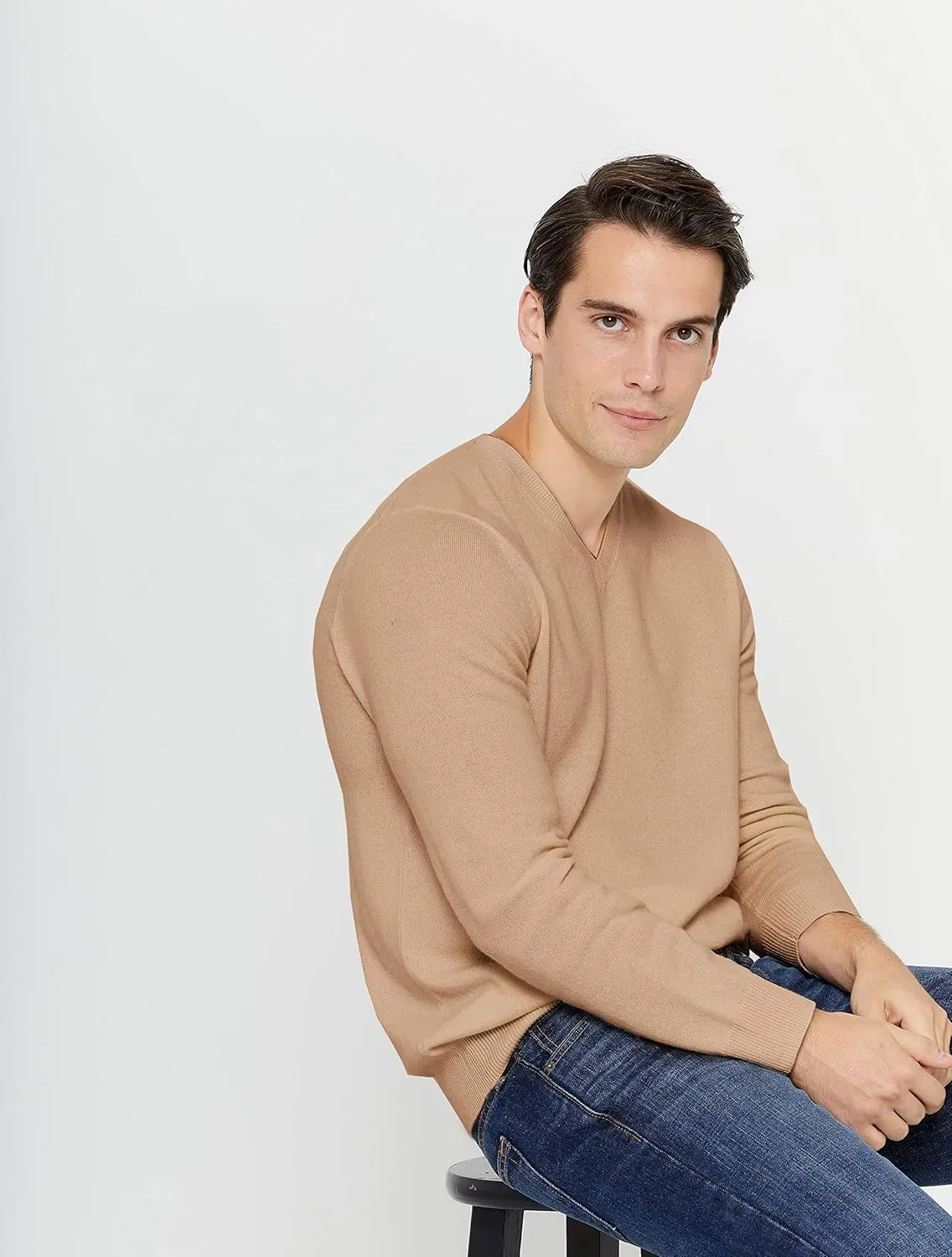 State Cashmere Men's Essential V-Neck Sweater 100% Pure Cashmere Classic Long Sleeve Pullover