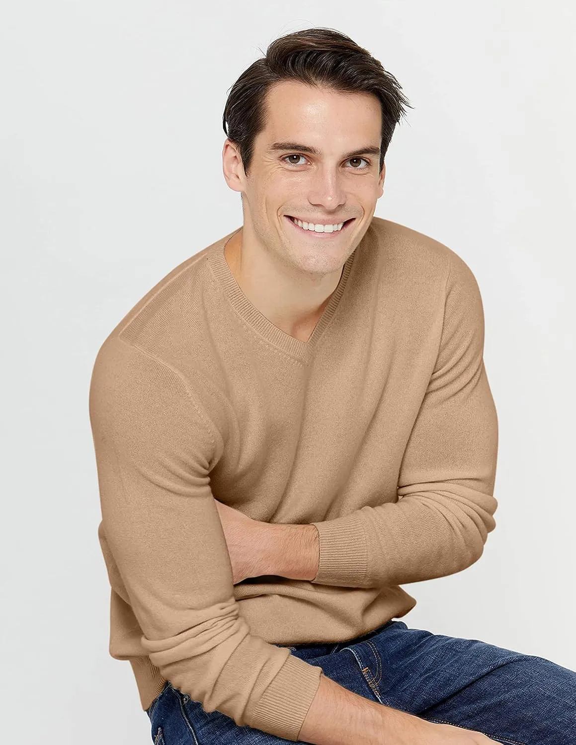 State Cashmere Men's Essential V-Neck Sweater 100% Pure Cashmere Classic Long Sleeve Pullover
