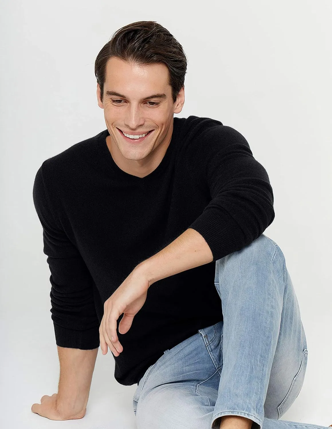 State Cashmere Men's Essential V-Neck Sweater 100% Pure Cashmere Classic Long Sleeve Pullover