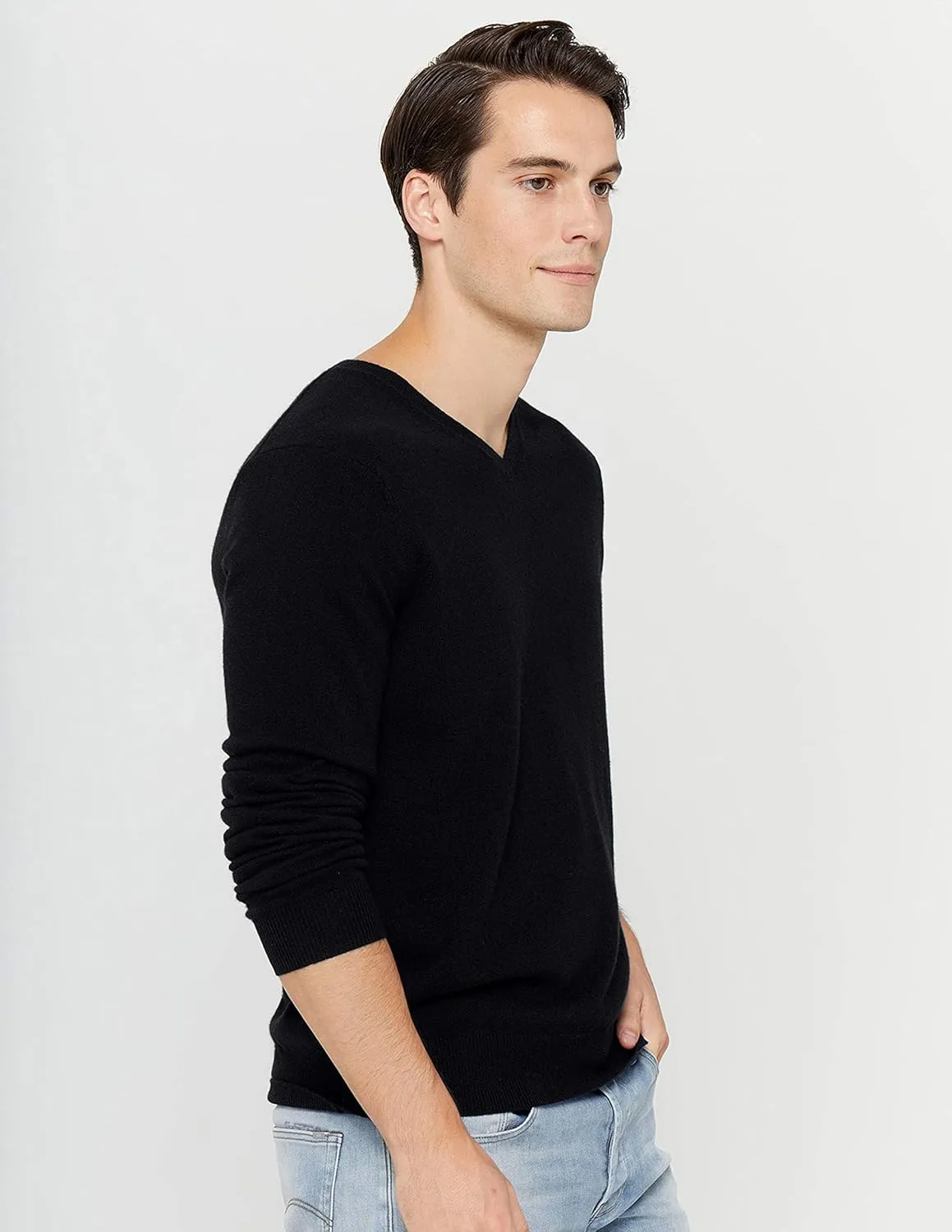 State Cashmere Men's Essential V-Neck Sweater 100% Pure Cashmere Classic Long Sleeve Pullover