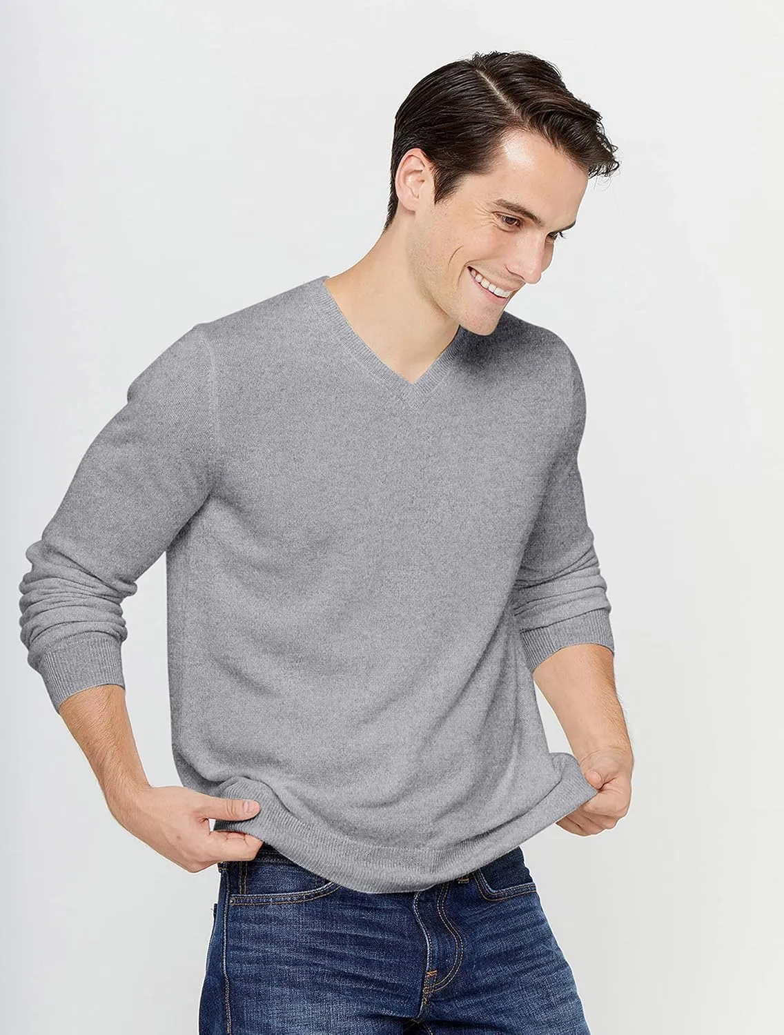 State Cashmere Men's Essential V-Neck Sweater 100% Pure Cashmere Classic Long Sleeve Pullover
