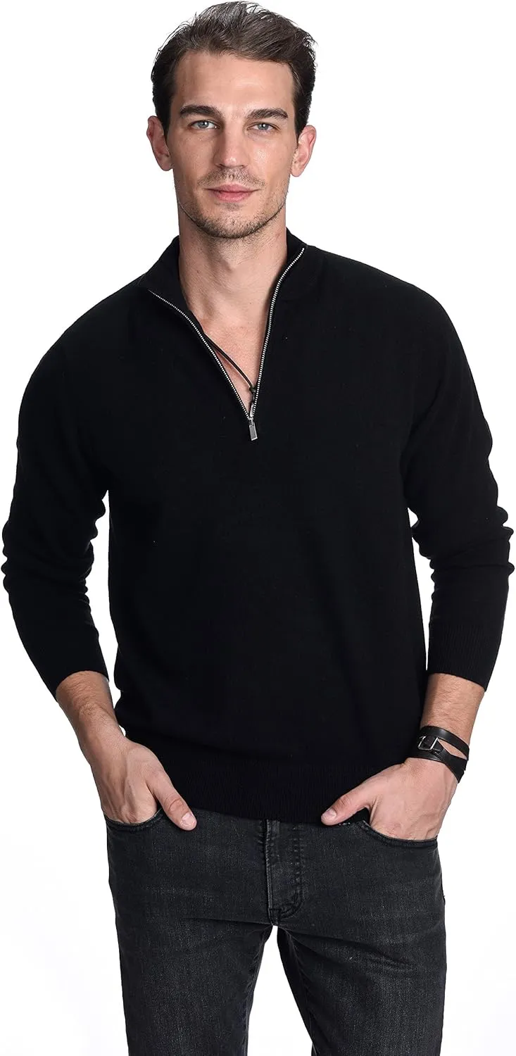 State Cashmere Men's Half Zip Mock Neck Sweater 100% Pure Cashmere Polo Neck Pullover