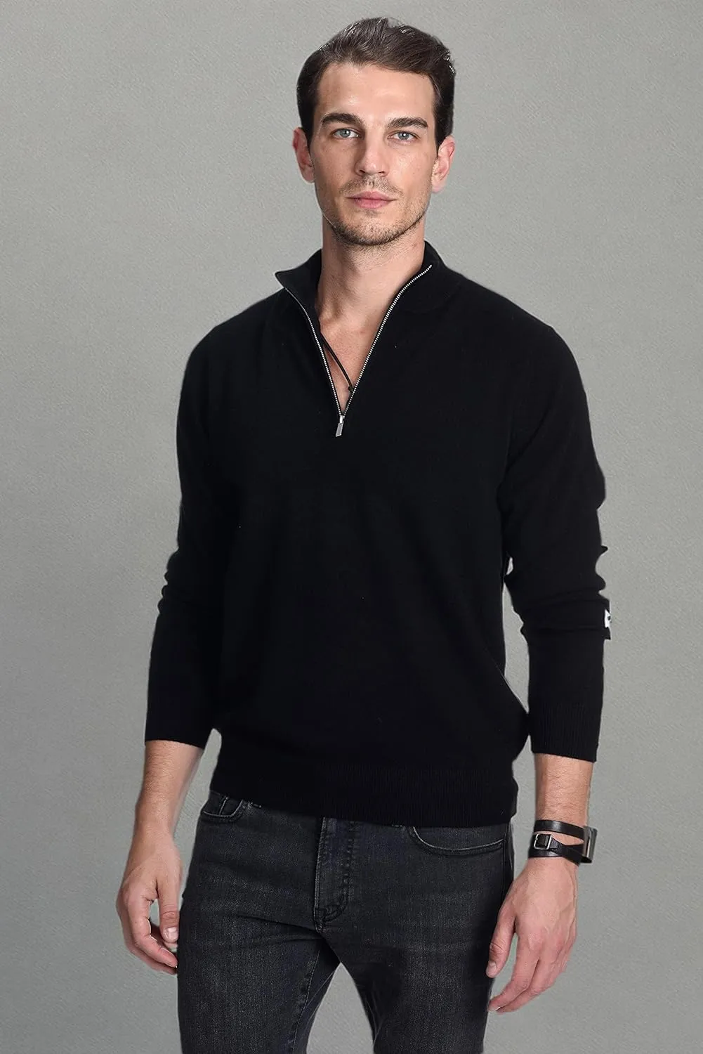 State Cashmere Men's Half Zip Mock Neck Sweater 100% Pure Cashmere Polo Neck Pullover