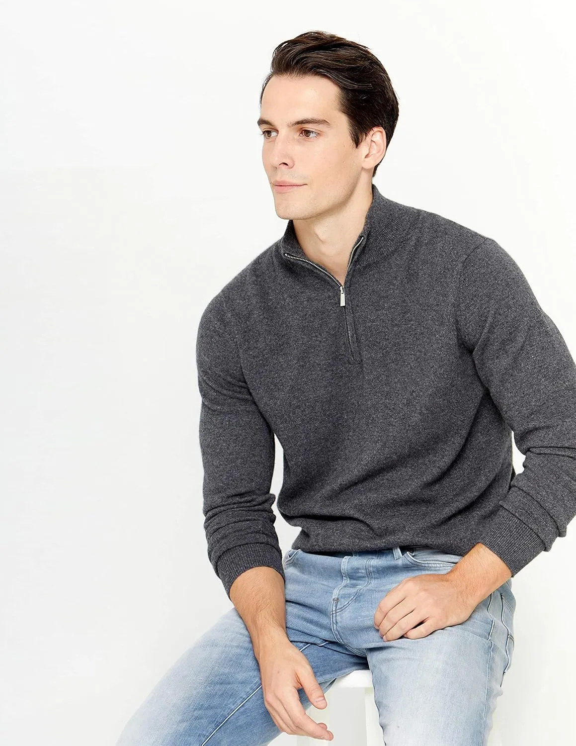State Cashmere Men's Half Zip Mock Neck Sweater 100% Pure Cashmere Polo Neck Pullover