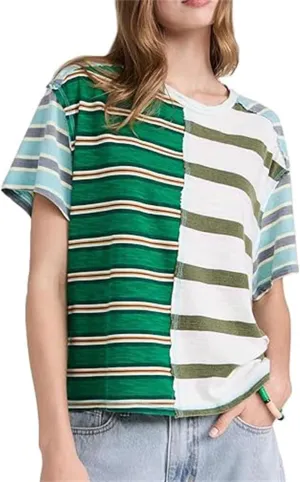 Striped Boxy Tee Shirts for Women Oversized Short Sleeve Crew Neck Color Block T Shirt Summer Preppy Going Out Tops