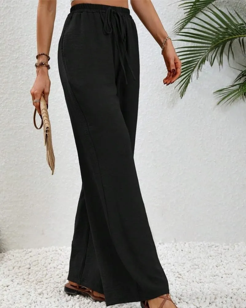Sulozom Womens Wide Leg Pants High Waisted Flowy Palazzo Work Casuals Lounge Boho Beach Pants with Pockets