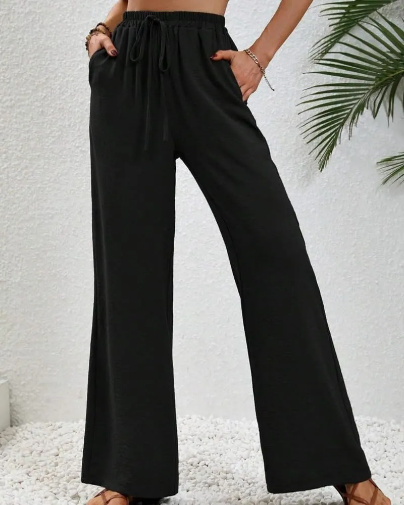 Sulozom Womens Wide Leg Pants High Waisted Flowy Palazzo Work Casuals Lounge Boho Beach Pants with Pockets