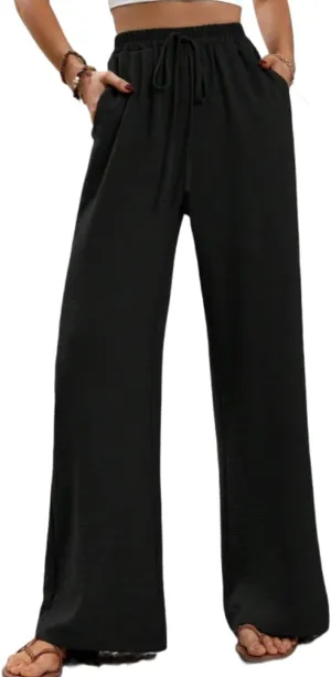 Sulozom Womens Wide Leg Pants High Waisted Flowy Palazzo Work Casuals Lounge Boho Beach Pants with Pockets
