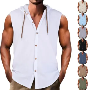 Summer Men's Casual V-Neck Sleeveless Shirt Fashion Solid Hooded Tops Breathable Loose Tank Top Big and Tall Shirts