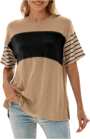 Summer Tops for Women Trendy Oversized 2025 Crew Neck Casual Color Block Striped Shirts Loose Split Hem Tee Blouses