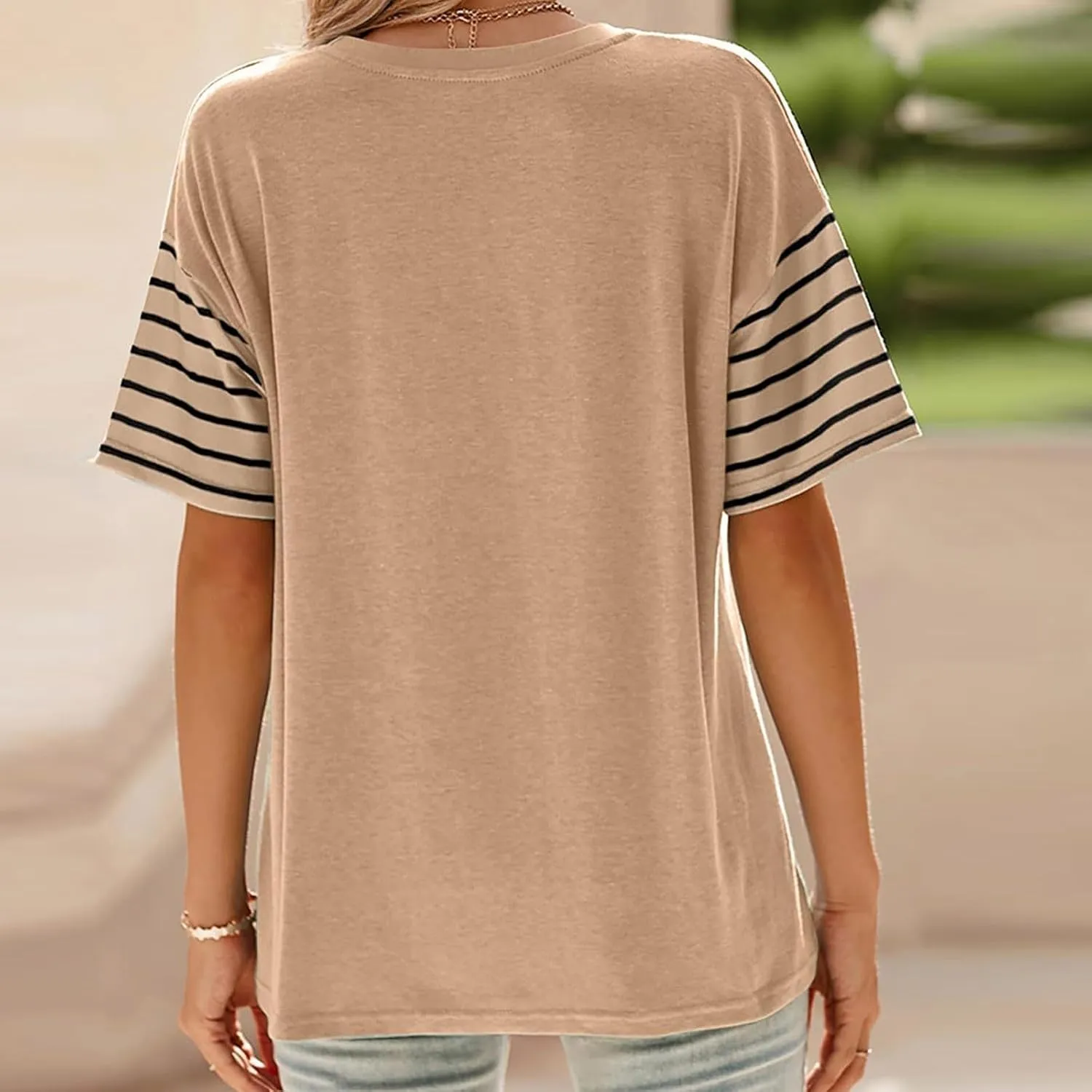 Summer Tops for Women Trendy Oversized 2025 Crew Neck Casual Color Block Striped Shirts Loose Split Hem Tee Blouses