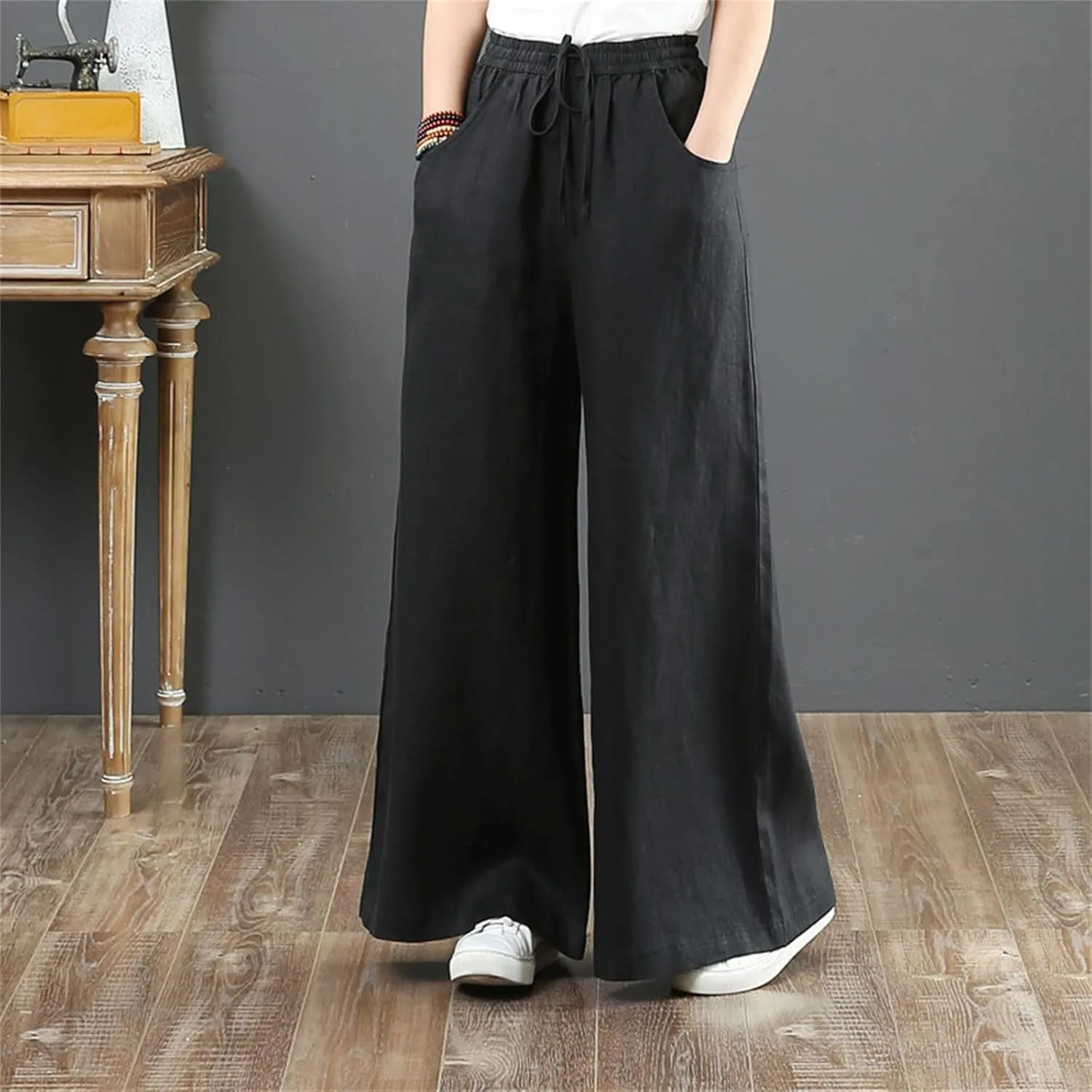 Summer Women's Casual Cotton Linen Baggy Pants with Elastic Waist Fashion Plus Size Relax Fit Lantern Trousers