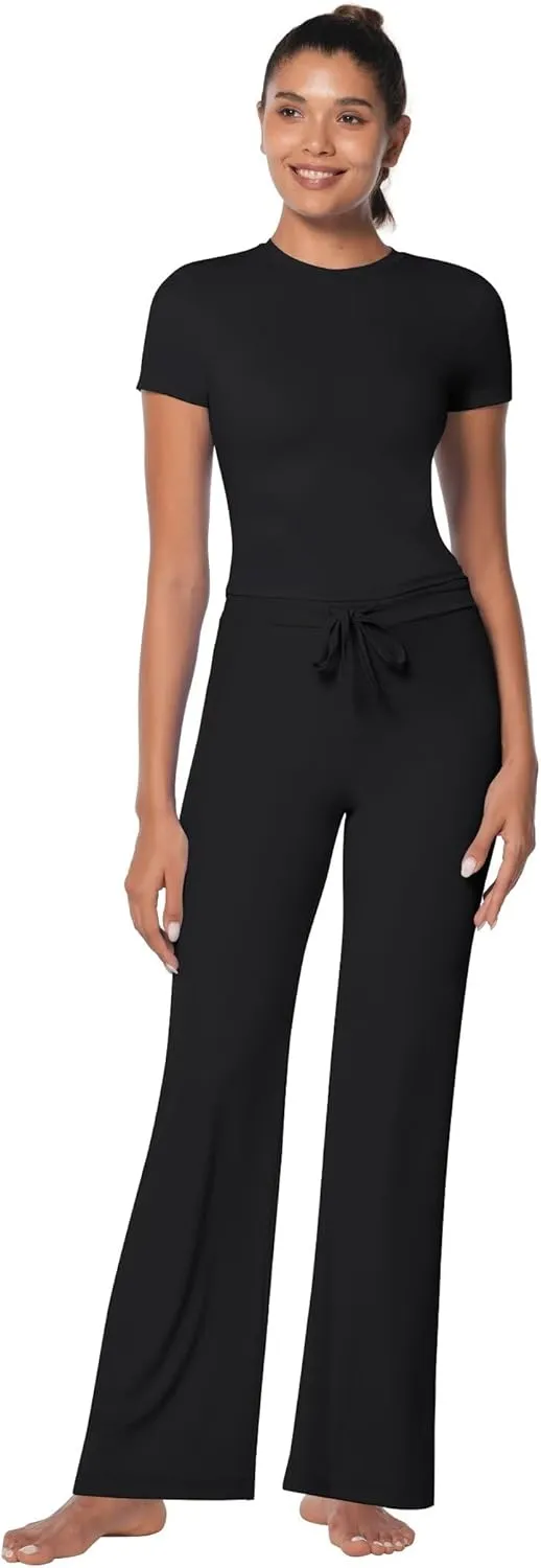 Sunzel Women's 2 Piece Lounge Sets Straight Leg Pants Slim Tight Short Sleeve Tops Matching Set Casual Workout Sweatsuit