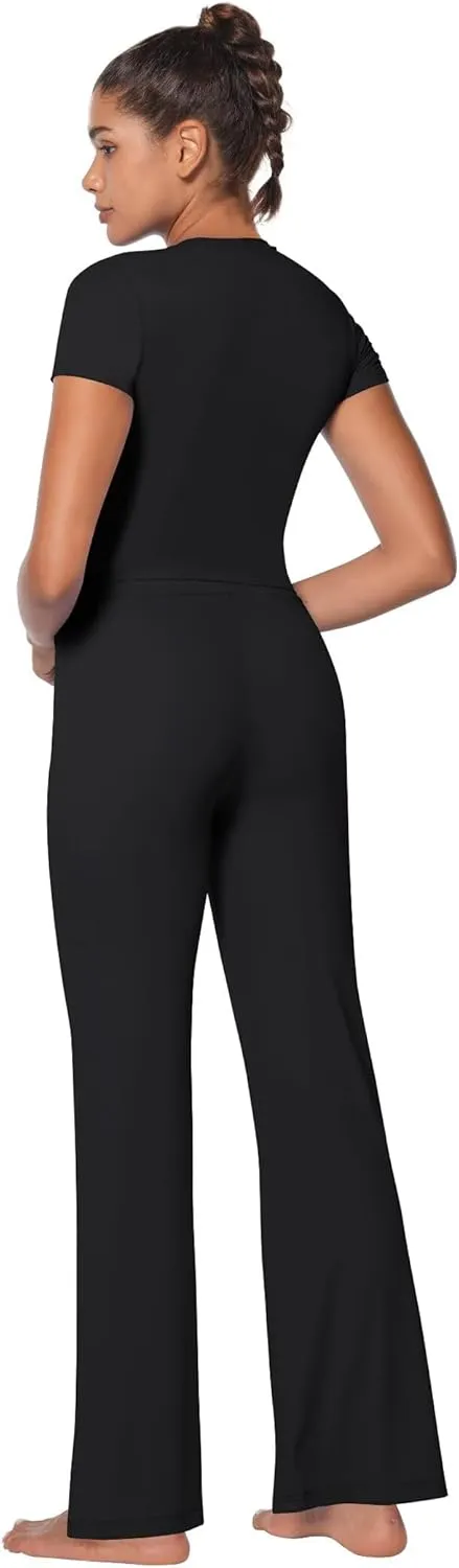 Sunzel Women's 2 Piece Lounge Sets Straight Leg Pants Slim Tight Short Sleeve Tops Matching Set Casual Workout Sweatsuit