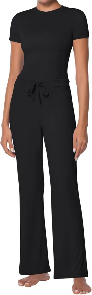 Sunzel Women's 2 Piece Lounge Sets Straight Leg Pants Slim Tight Short Sleeve Tops Matching Set Casual Workout Sweatsuit