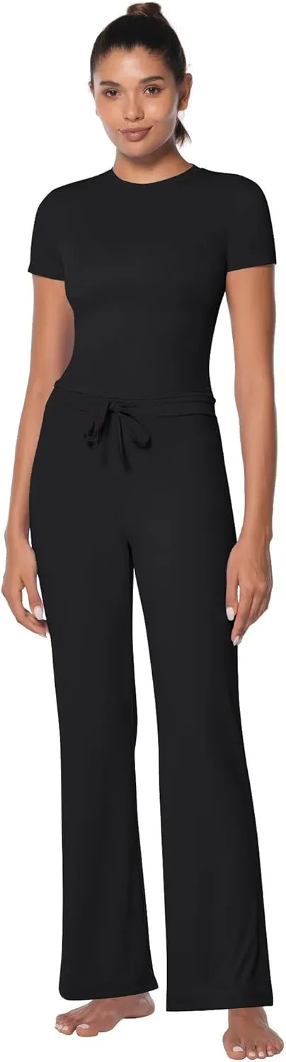 Sunzel Women's 2 Piece Lounge Sets Straight Leg Pants Slim Tight Short Sleeve Tops Matching Set Casual Workout Sweatsuit