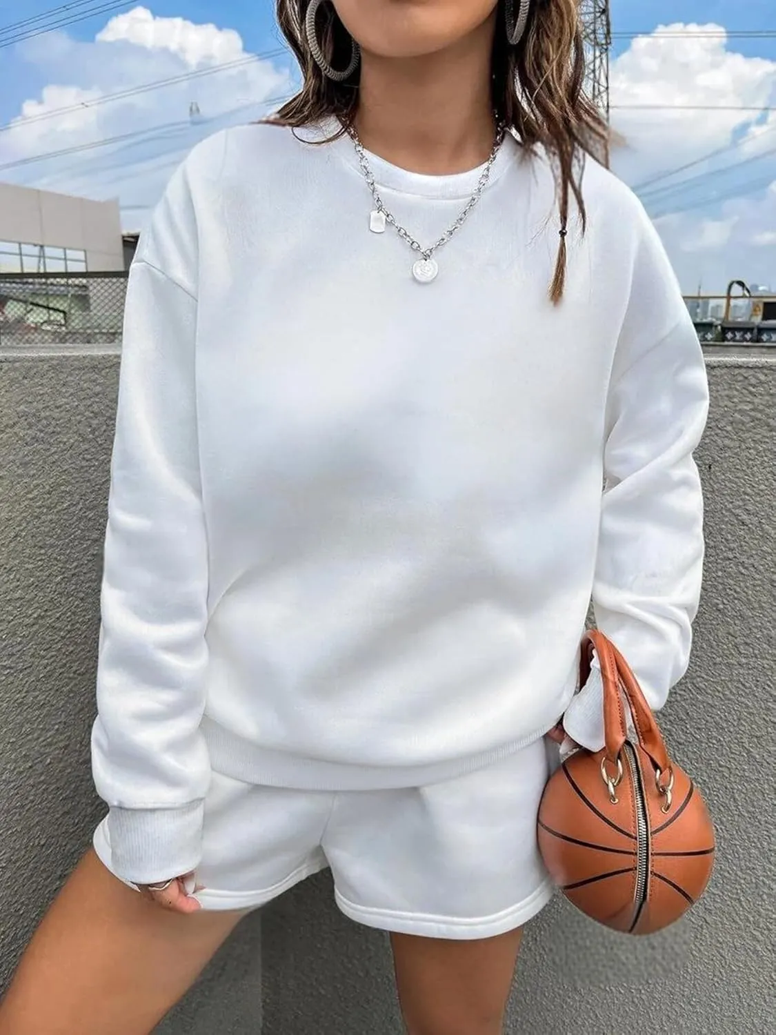 Sweat Sets for Women 2 Piece Shorts Fleece Liner Drop Shoulder Crewneck Oversized Tops Warmth Winter Sweatshirt Suit