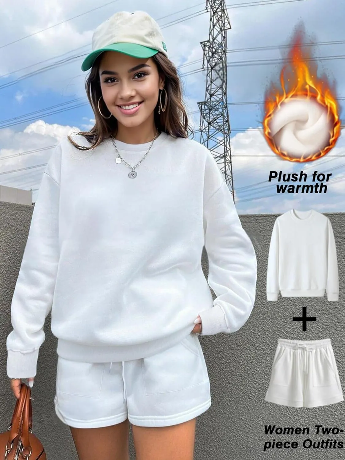 Sweat Sets for Women 2 Piece Shorts Fleece Liner Drop Shoulder Crewneck Oversized Tops Warmth Winter Sweatshirt Suit