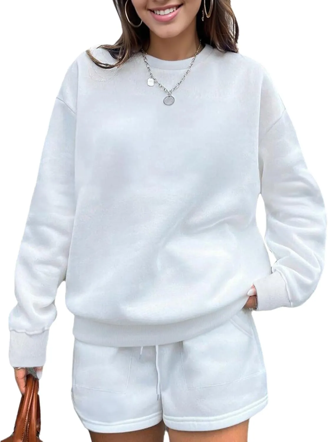 Sweat Sets for Women 2 Piece Shorts Fleece Liner Drop Shoulder Crewneck Oversized Tops Warmth Winter Sweatshirt Suit