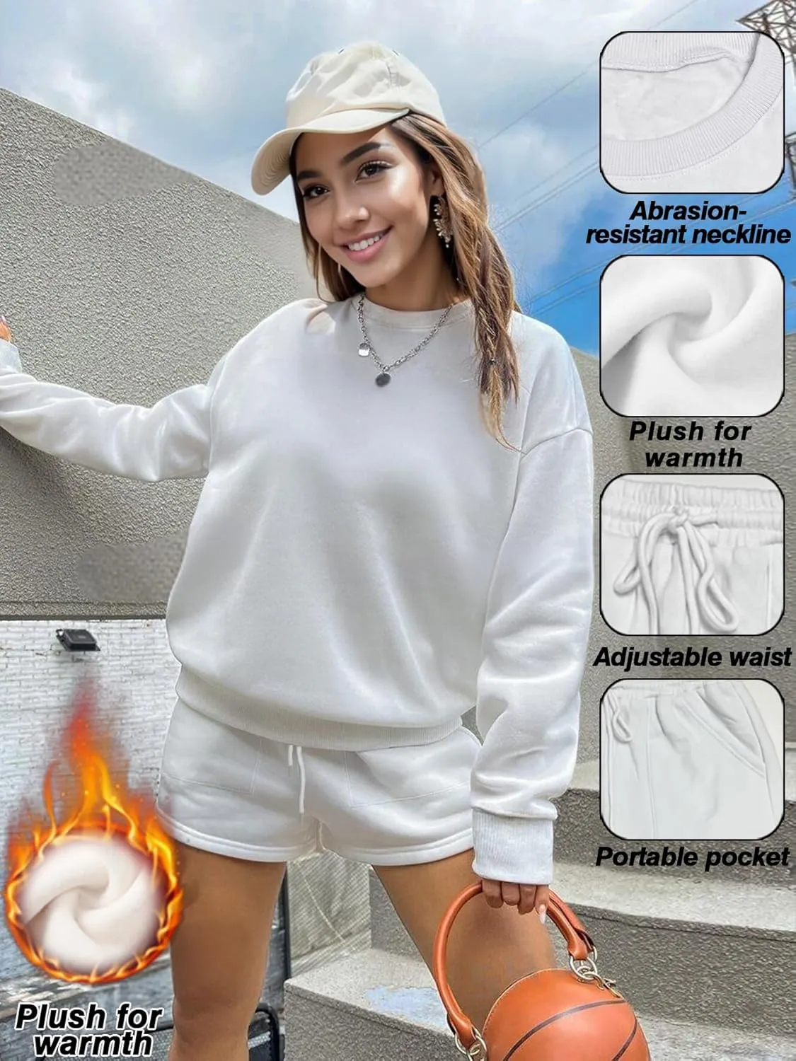 Sweat Sets for Women 2 Piece Shorts Fleece Liner Drop Shoulder Crewneck Oversized Tops Warmth Winter Sweatshirt Suit