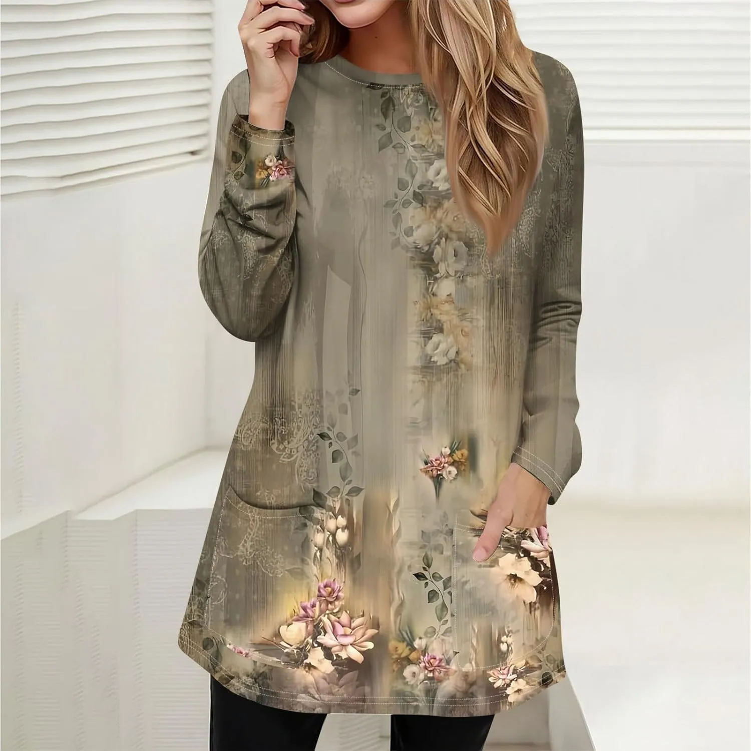 T-Shirt Women Fall Tunic Tops Plus Size Work Blouses Long Sleeve Winter Casual Tops Crew Neck Sweatshirts with Pockets