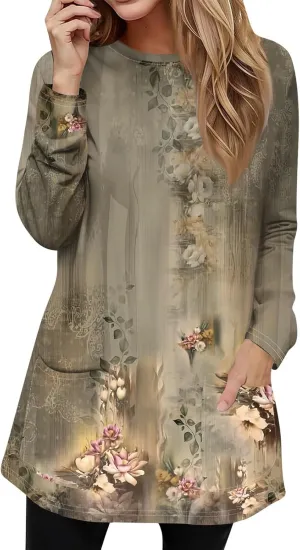 T-Shirt Women Fall Tunic Tops Plus Size Work Blouses Long Sleeve Winter Casual Tops Crew Neck Sweatshirts with Pockets