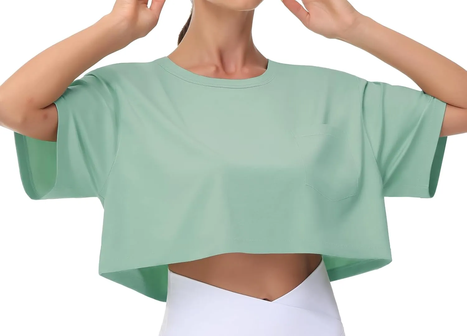 THE GYM PEOPLE Women's Workout Crop Tops Short Sleeve Boxy Oversized T-Shirts with Pockets