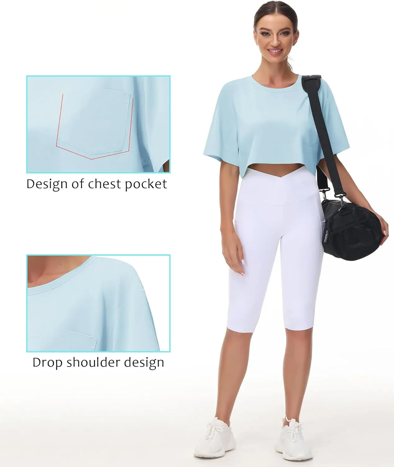 THE GYM PEOPLE Women's Workout Crop Tops Short Sleeve Boxy Oversized T-Shirts with Pockets