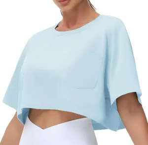THE GYM PEOPLE Women's Workout Crop Tops Short Sleeve Boxy Oversized T-Shirts with Pockets