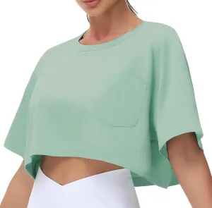 THE GYM PEOPLE Women's Workout Crop Tops Short Sleeve Boxy Oversized T-Shirts with Pockets