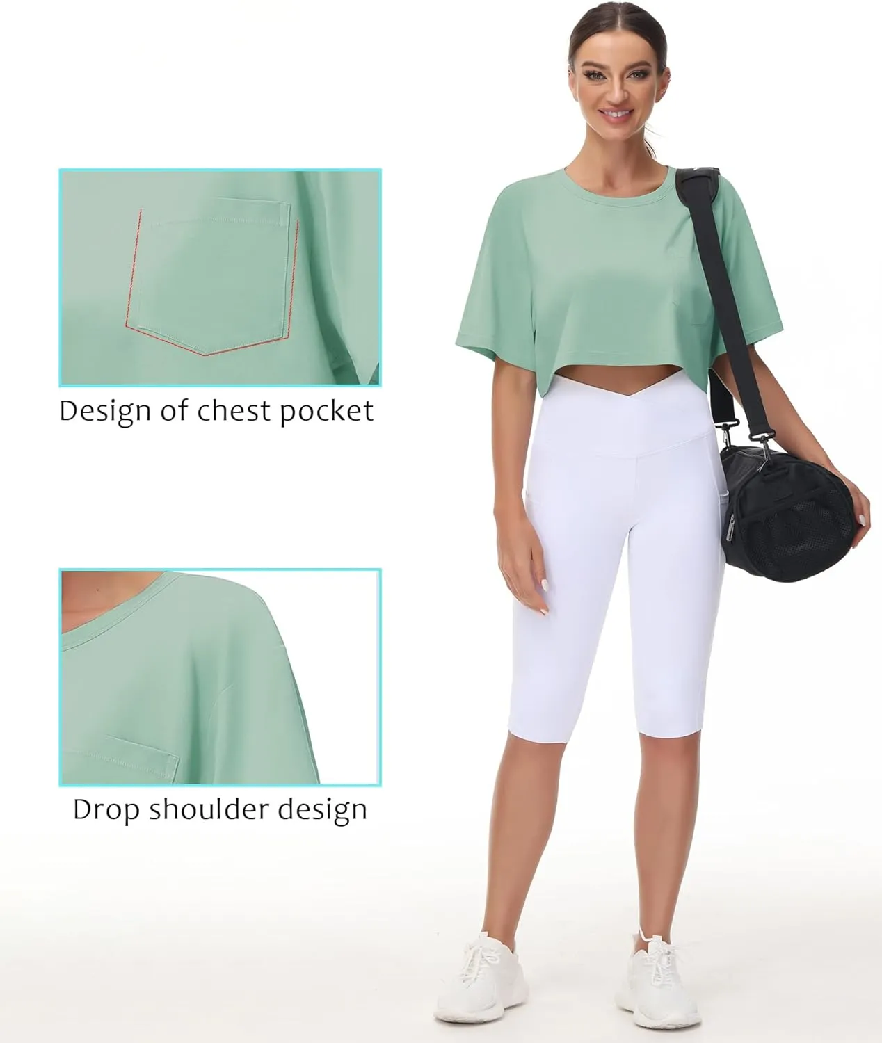 THE GYM PEOPLE Women's Workout Crop Tops Short Sleeve Boxy Oversized T-Shirts with Pockets