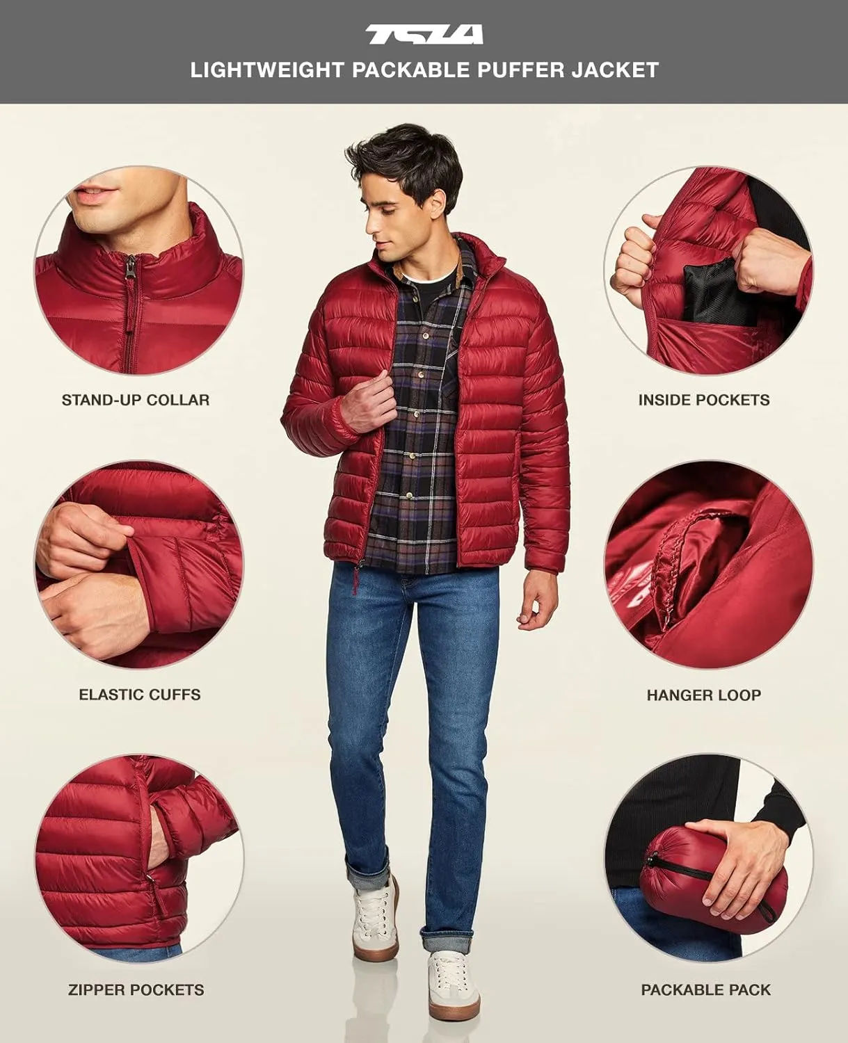 TSLA Men's Lightweight Packable Accent Puffer Jacket, Water-Resistant Winter Jackets