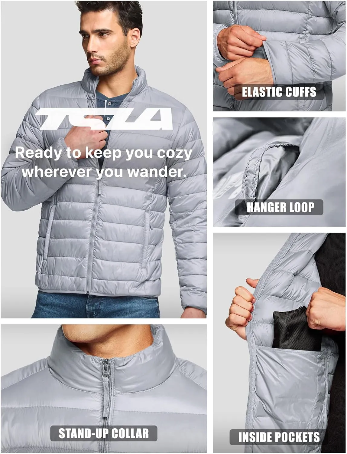 TSLA Men's Lightweight Packable Accent Puffer Jacket, Water-Resistant Winter Jackets