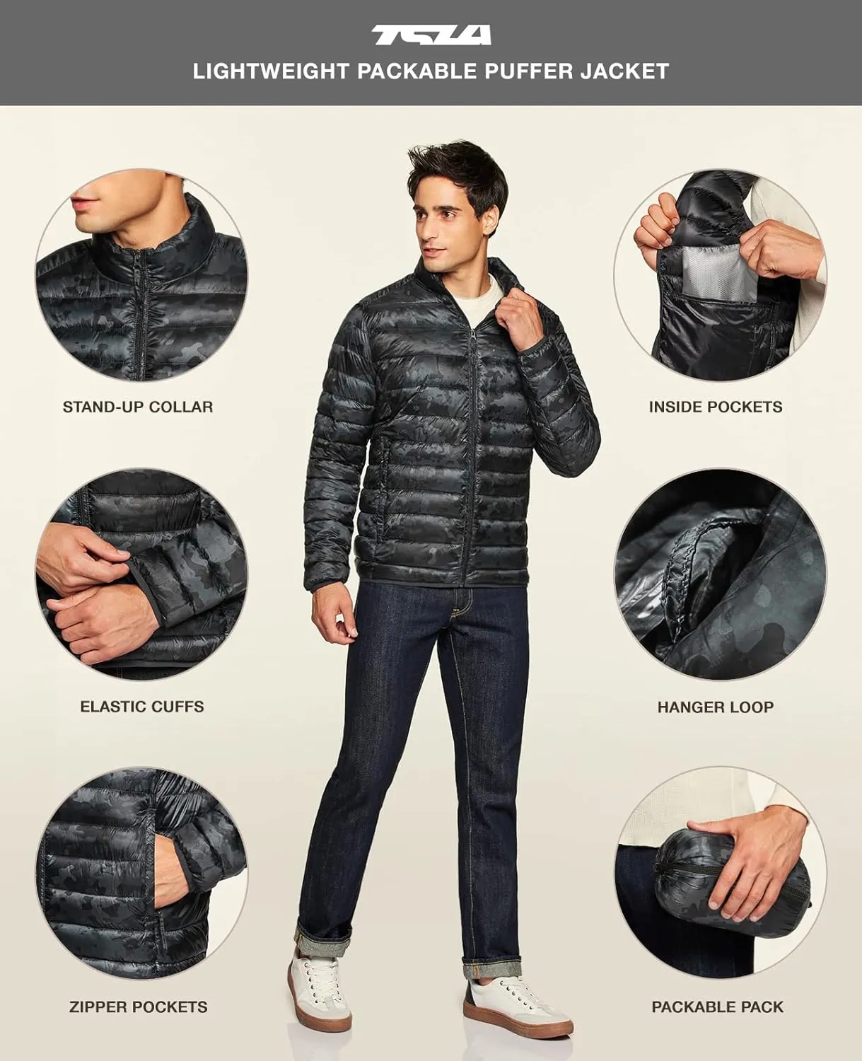 TSLA Men's Lightweight Packable Accent Puffer Jacket, Water-Resistant Winter Jackets