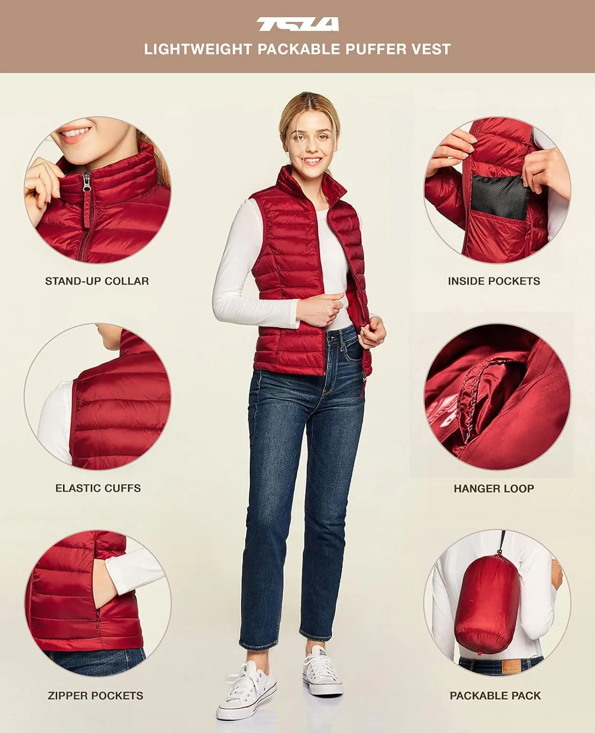 TSLA Women's Lightweight Packable Accent Puffer Jacket, Water-Resistant Winter Coat