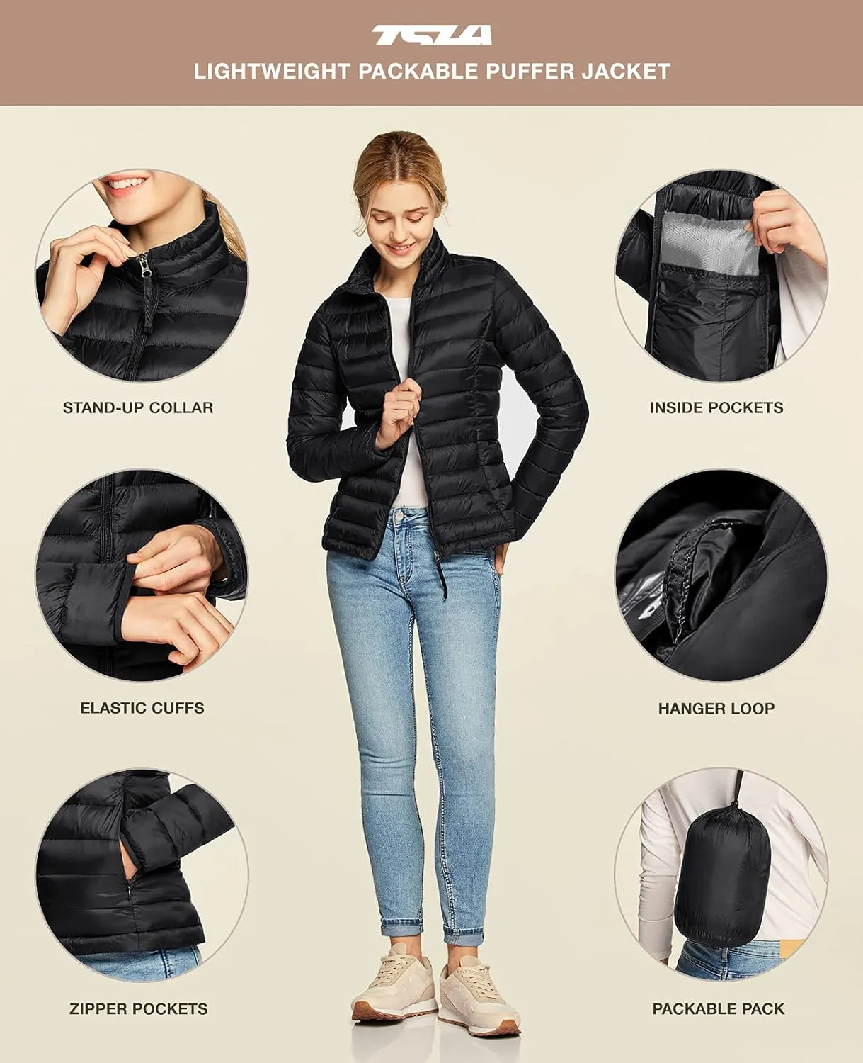 TSLA Women's Lightweight Packable Accent Puffer Jacket, Water-Resistant Winter Coat