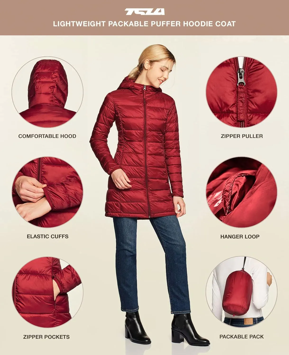 TSLA Women's Lightweight Packable Accent Puffer Jacket, Water-Resistant Winter Coat
