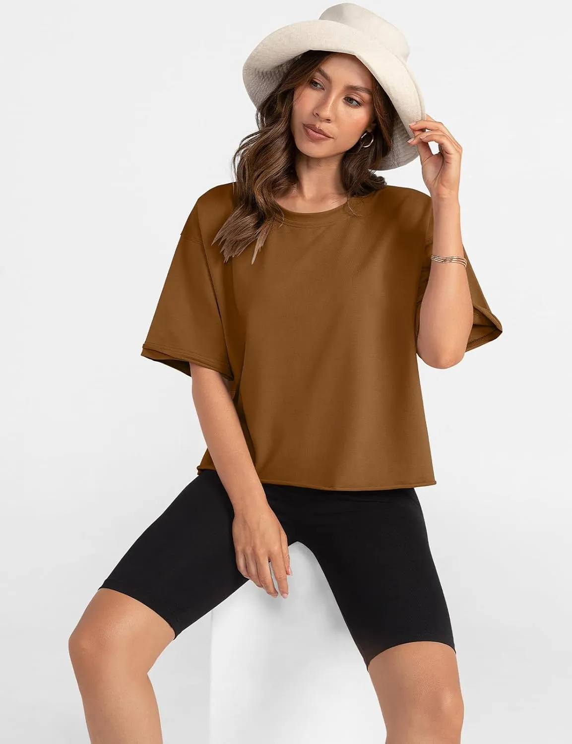 UEU Women's Comfy Basic Workout Gym Short Sleeve Crop Tops Casual Loose Oversized T-Shirts
