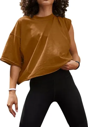 UEU Women's Comfy Basic Workout Gym Short Sleeve Crop Tops Casual Loose Oversized T-Shirts