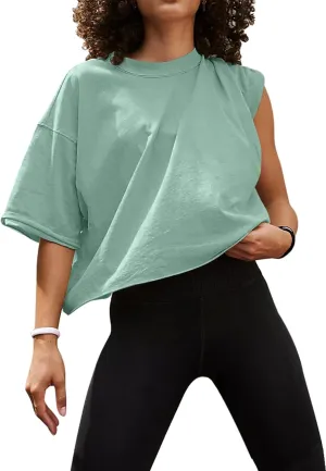 UEU Women's Comfy Basic Workout Gym Short Sleeve Crop Tops Casual Loose Oversized T-Shirts