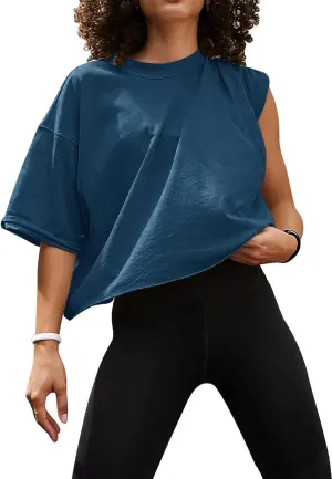 UEU Women's Comfy Basic Workout Gym Short Sleeve Crop Tops Casual Loose Oversized T-Shirts