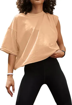 UEU Women's Comfy Basic Workout Gym Short Sleeve Crop Tops Casual Loose Oversized T-Shirts