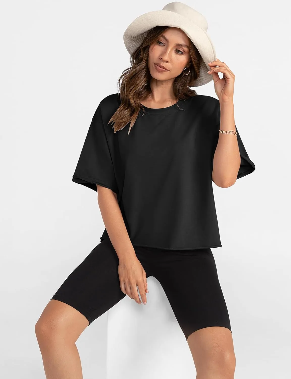 UEU Women's Comfy Basic Workout Gym Short Sleeve Crop Tops Casual Loose Oversized T-Shirts