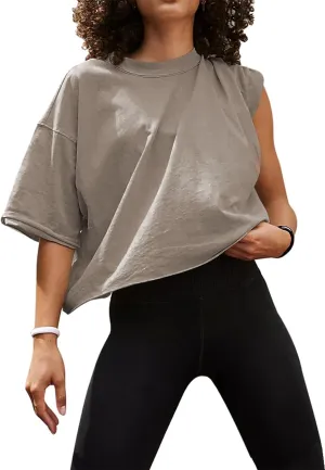 UEU Women's Comfy Basic Workout Gym Short Sleeve Crop Tops Casual Loose Oversized T-Shirts
